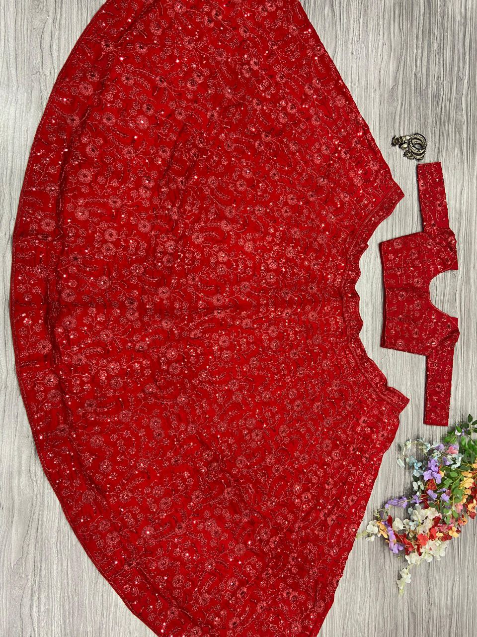 Red Colour Vichitra Silk Embroidery Sequence Design Work Lehenga Choli