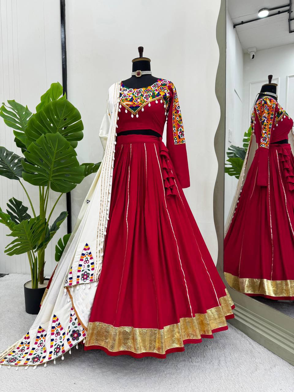 Navratri Festive Rayon Silk With Real Mirror Work Lehenga Choli