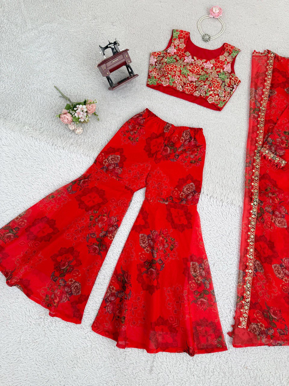 Red Bloom Floral Tubby Silk Thread with Sequence Work and Digital Print Set