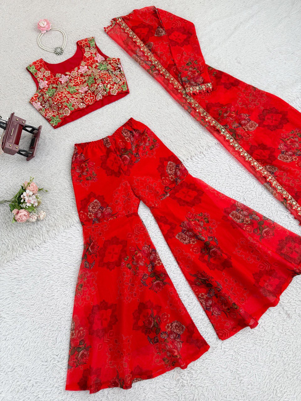 Red Bloom Floral Tubby Silk Thread with Sequence Work and Digital Print Set