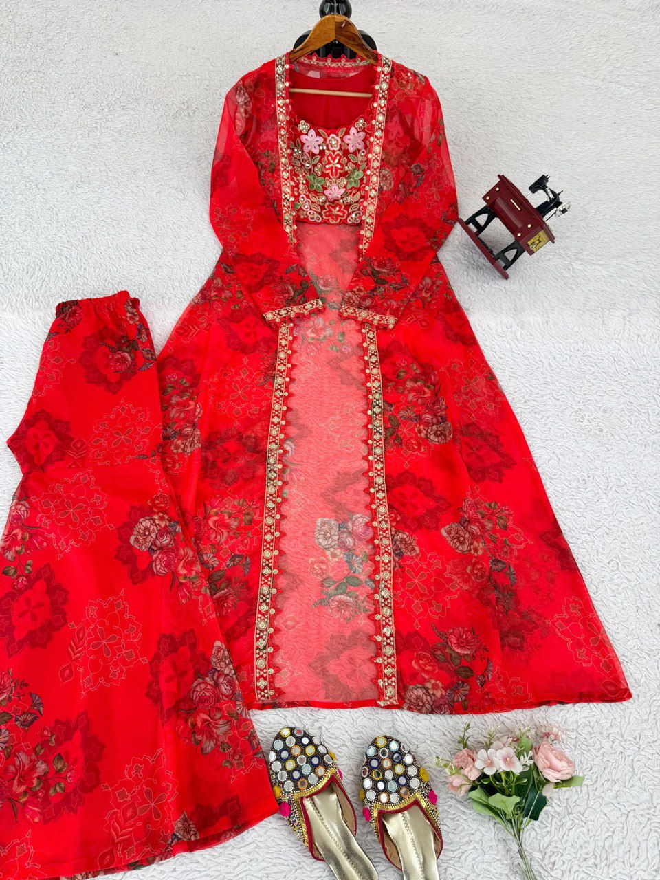 Red Bloom Floral Tubby Silk Thread with Sequence Work and Digital Print Set