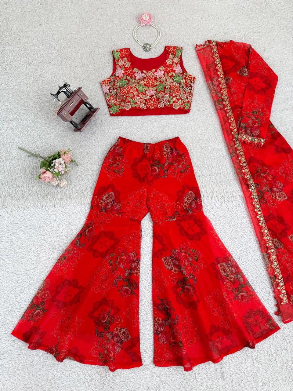 Red Bloom Floral Tubby Silk Thread with Sequence Work and Digital Print Set