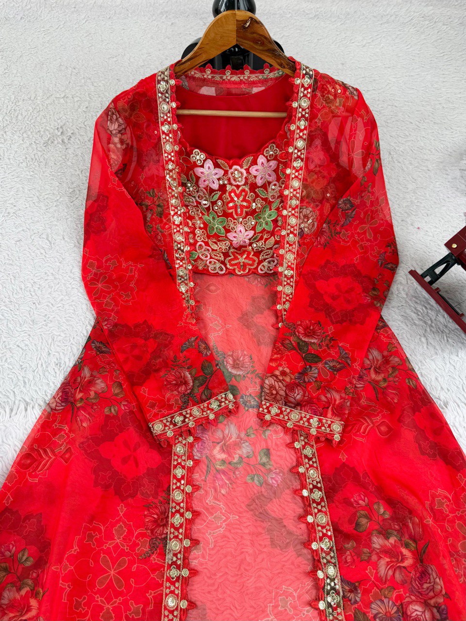 Red Bloom Floral Tubby Silk Thread with Sequence Work and Digital Print Set