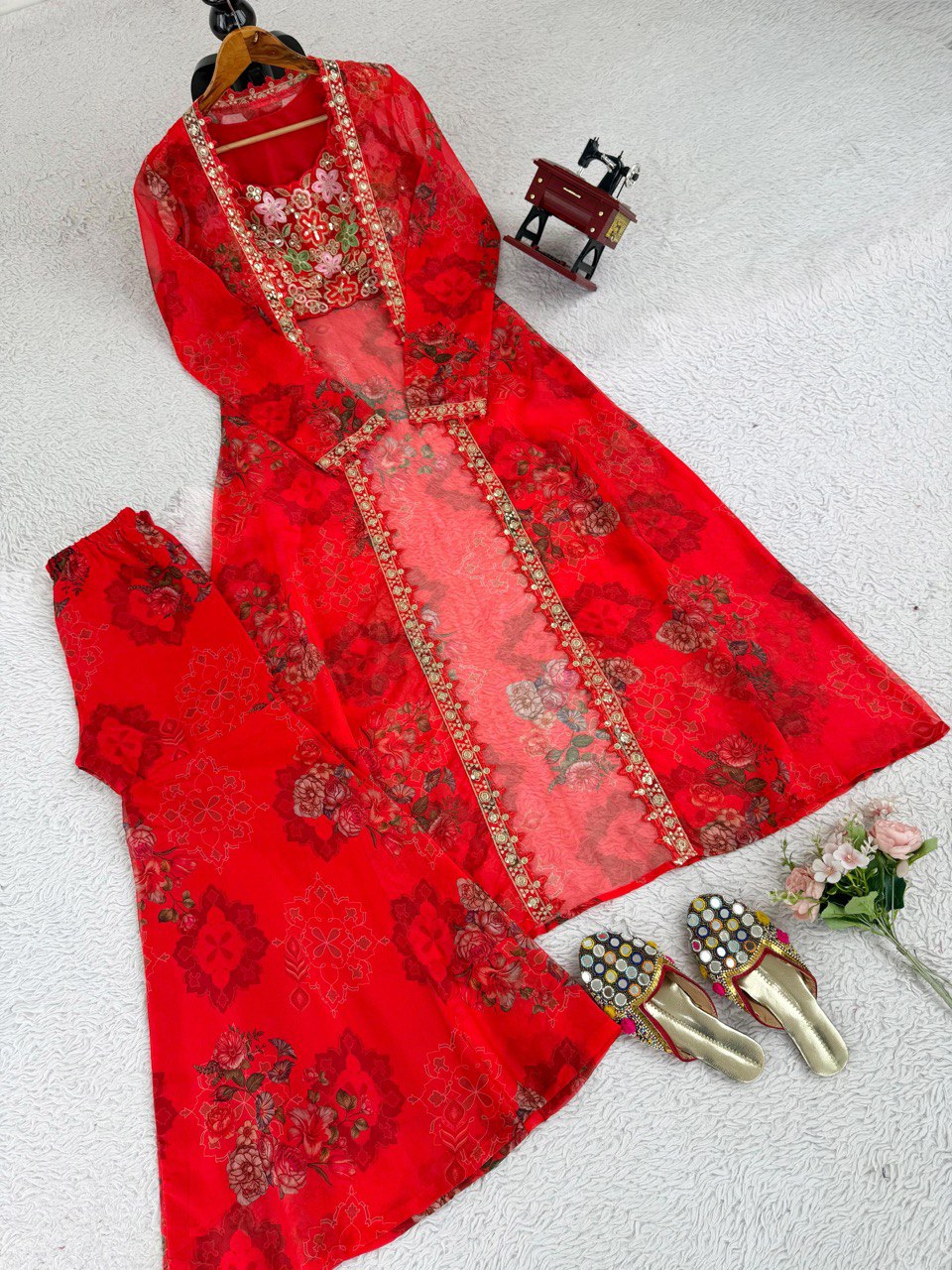 Red Bloom Floral Tubby Silk Thread with Sequence Work and Digital Print Set