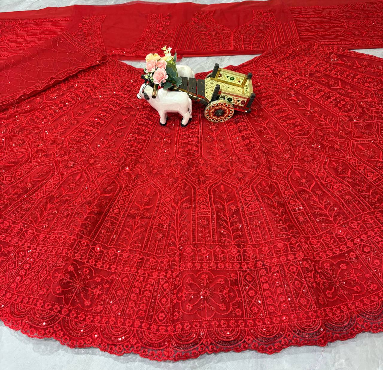 Red Designer Soft Net Wedding Wear Lehenga Choli For Women