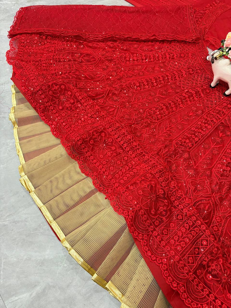 Red Designer Soft Net Wedding Wear Lehenga Choli For Women