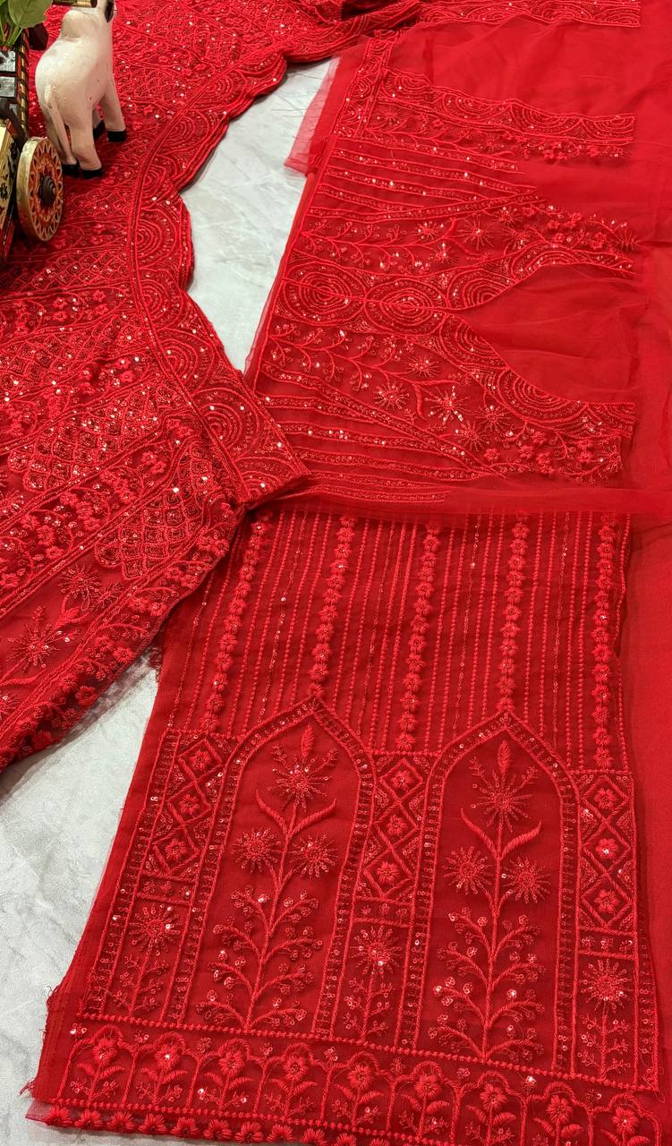 Red Designer Soft Net Wedding Wear Lehenga Choli For Women