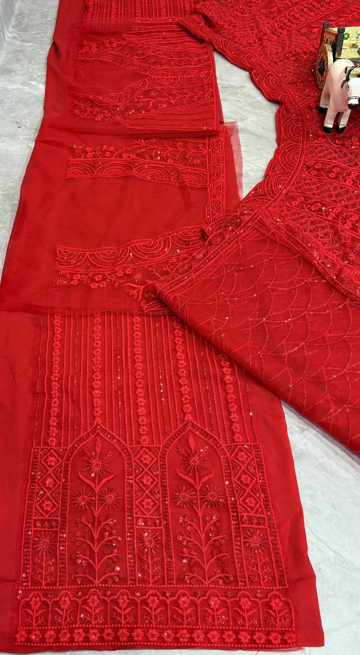 Red Designer Soft Net Wedding Wear Lehenga Choli For Women