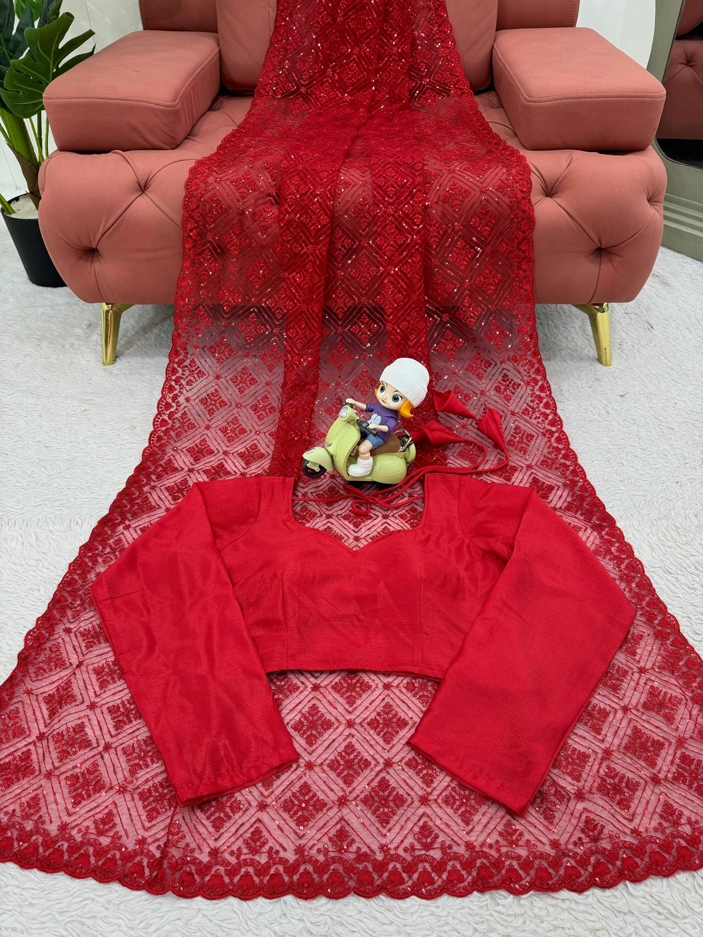 Red Soft Net Thread With Sequence Work Saree