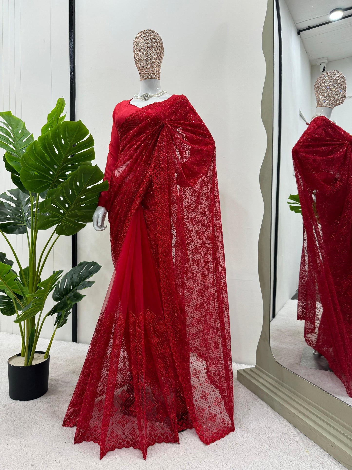 Red Soft Net Thread With Sequence Work Saree