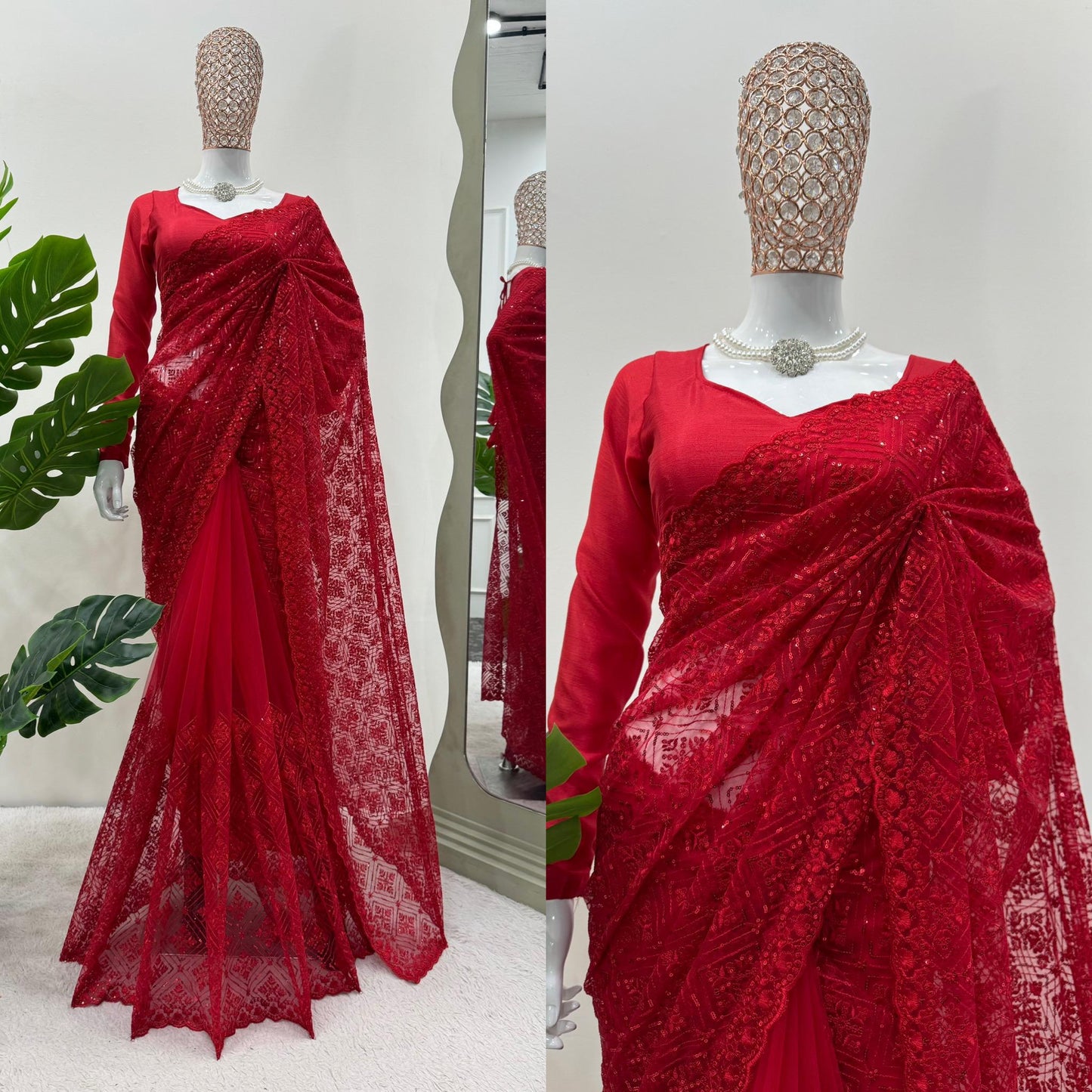 Red Soft Net Thread With Sequence Work Saree