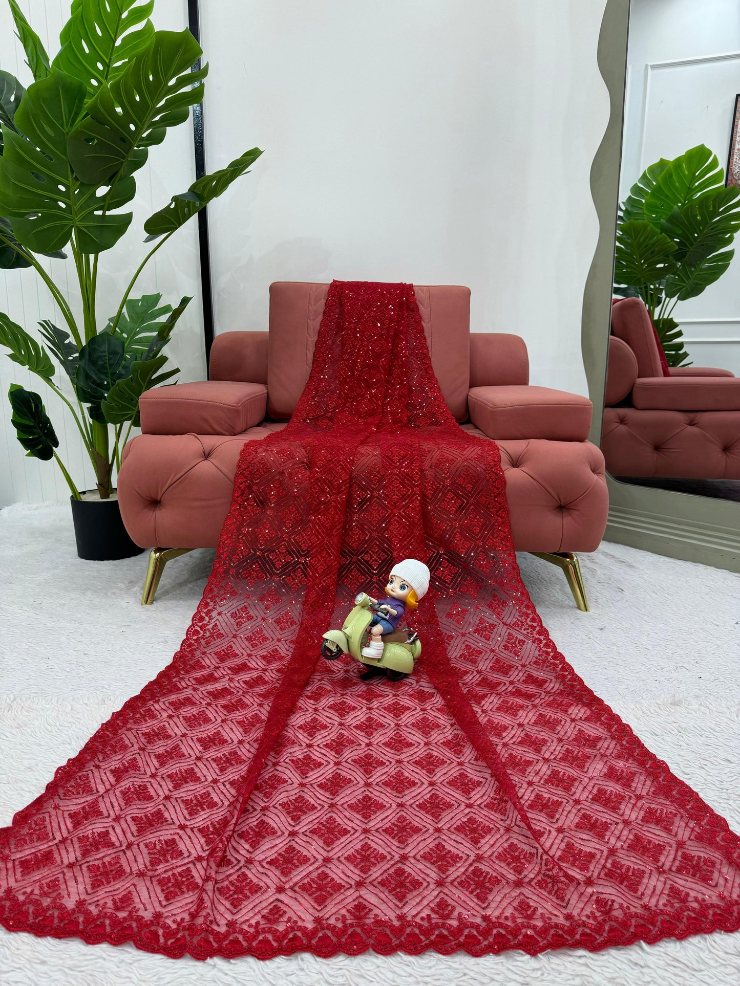 Red Soft Net Thread With Sequence Work Saree