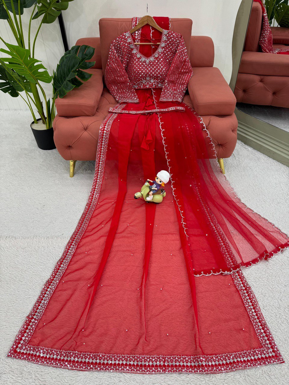Red Tubby Silk Saree with Intricate Thread and Sequince Embroidery Work