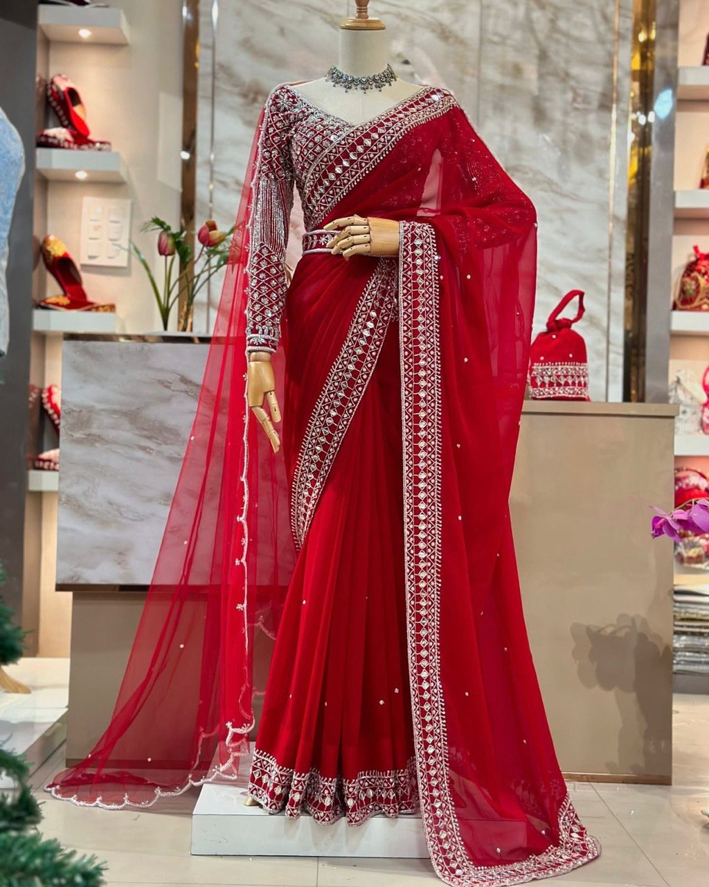 Red Tubby Silk Saree with Intricate Thread and Sequince Embroidery Work