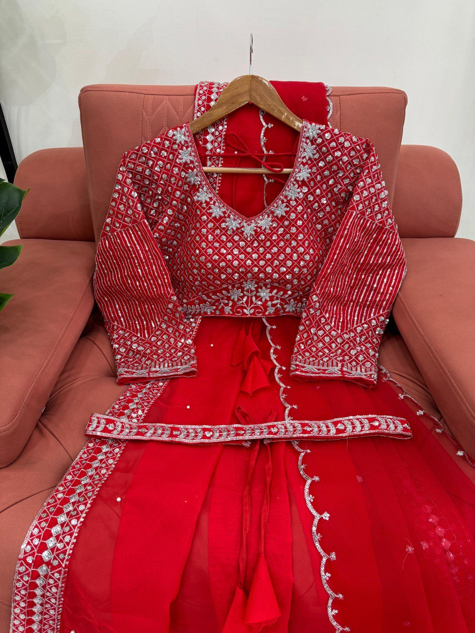 Red Tubby Silk Saree with Intricate Thread and Sequince Embroidery Work
