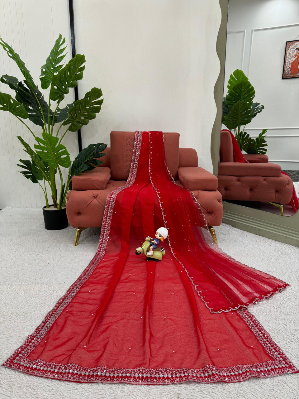 Red Tubby Silk Saree with Intricate Thread and Sequince Embroidery Work
