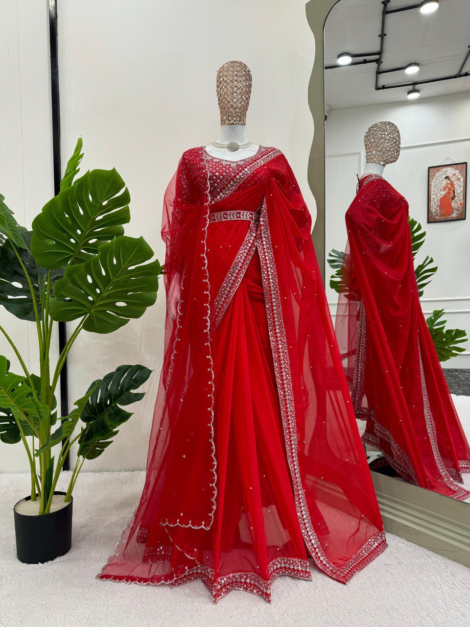 Red Tubby Silk Saree with Intricate Thread and Sequince Embroidery Work