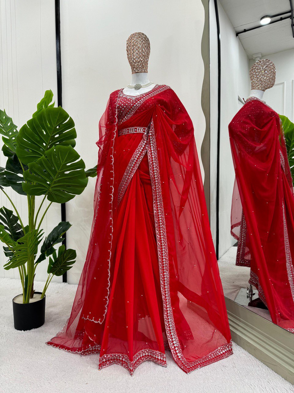 Red Tubby Silk Saree with Intricate Thread and Sequince Embroidery Work