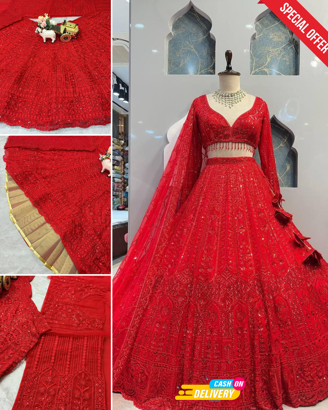 Red Designer Soft Net Wedding Wear Lehenga Choli For Women