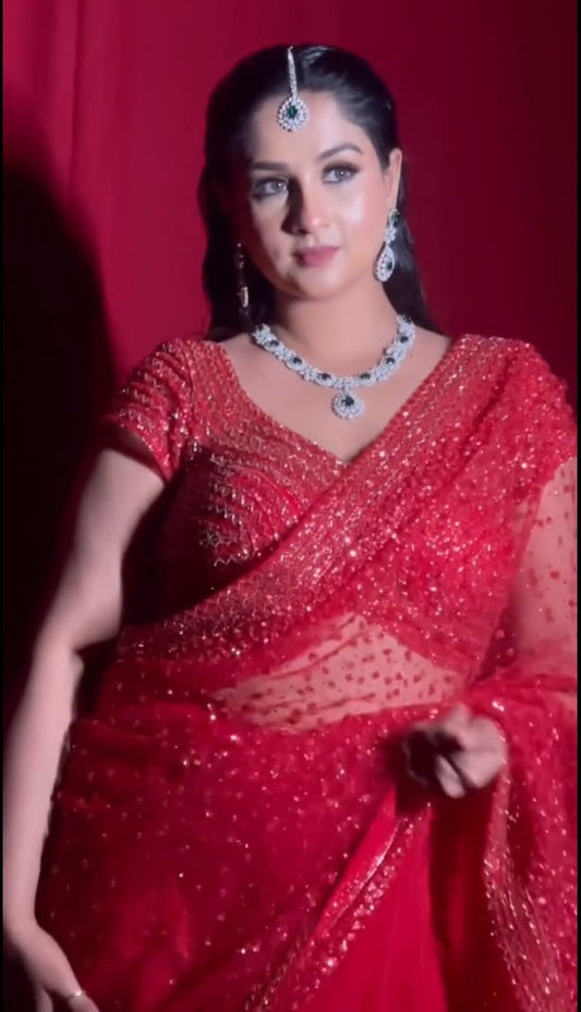 Red Color Soft net Heavy Work Saree