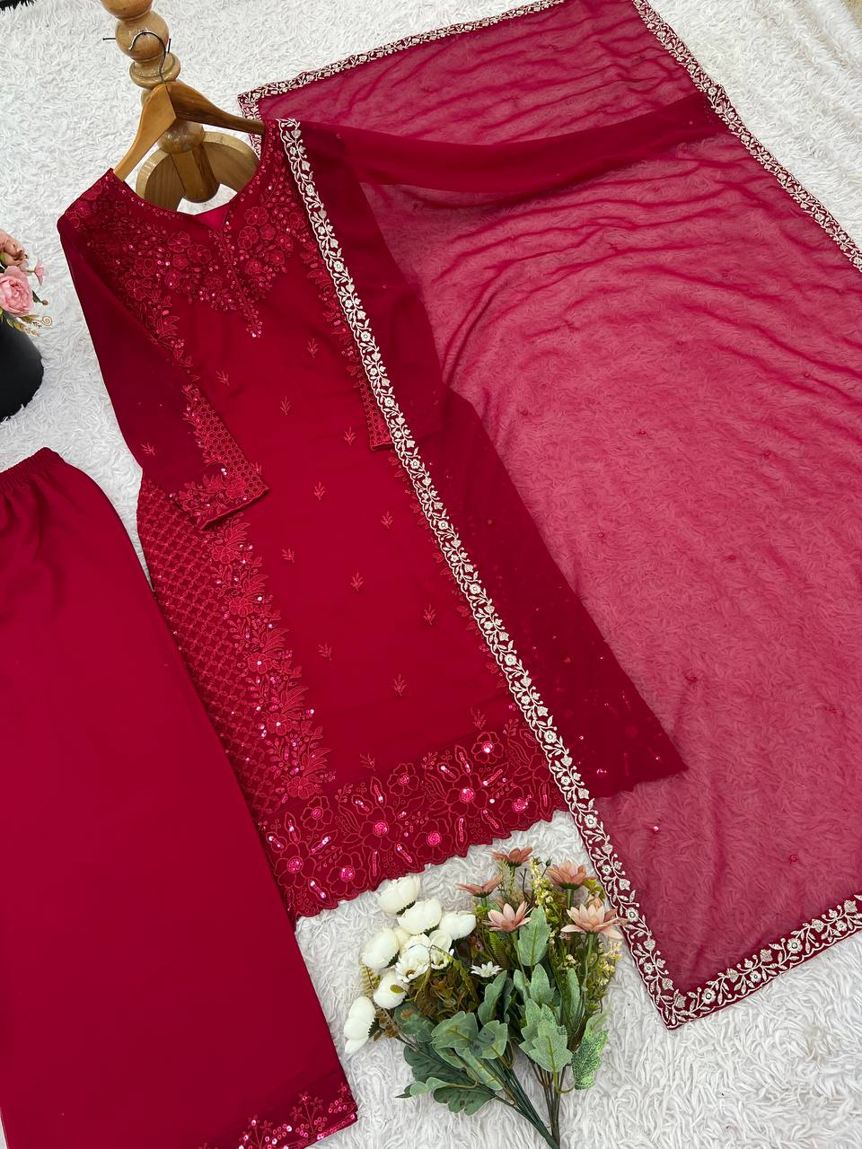 Rose Pink Heavy Georgette Embroidary Work Salwar Suit