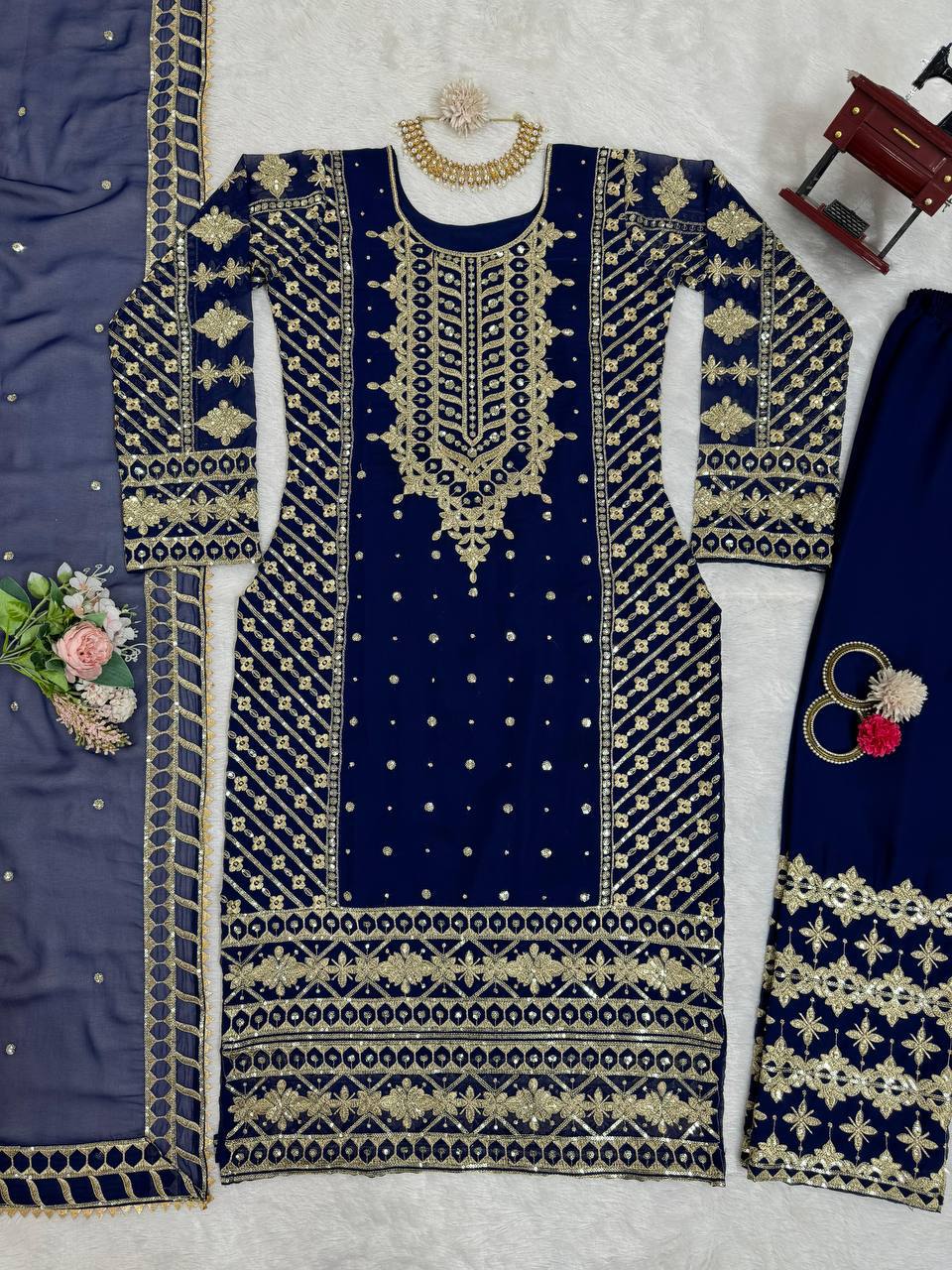 Regal Navy Blue Embellished Ethnic Suit with Dupatta
