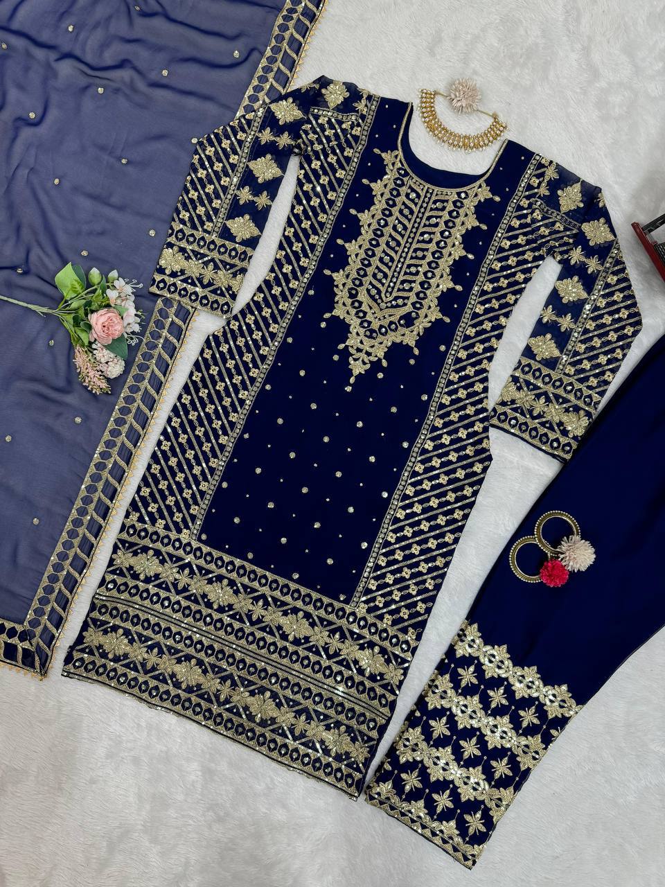 Regal Navy Blue Embellished Ethnic Suit with Dupatta