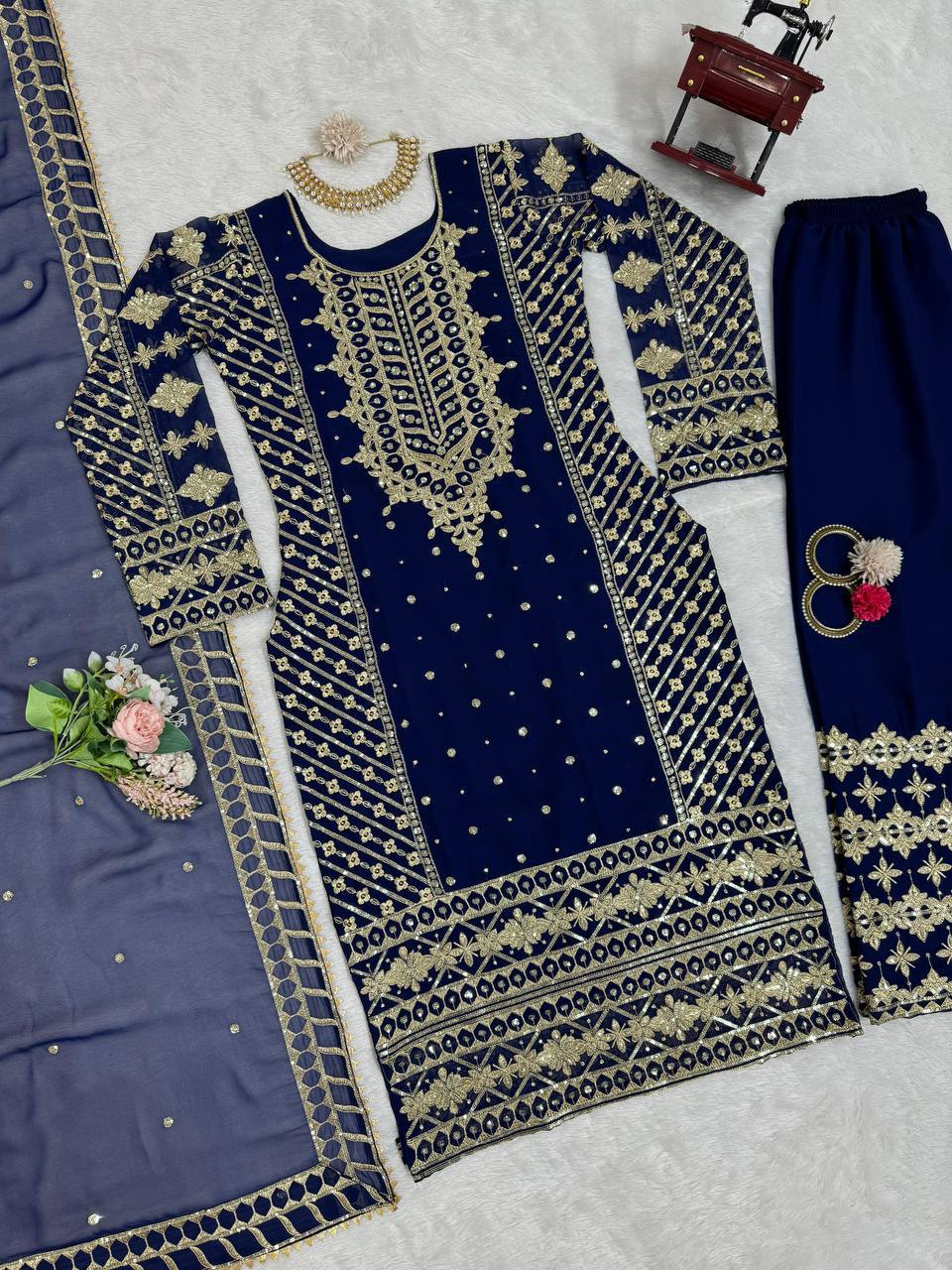 Regal Navy Blue Embellished Ethnic Suit with Dupatta