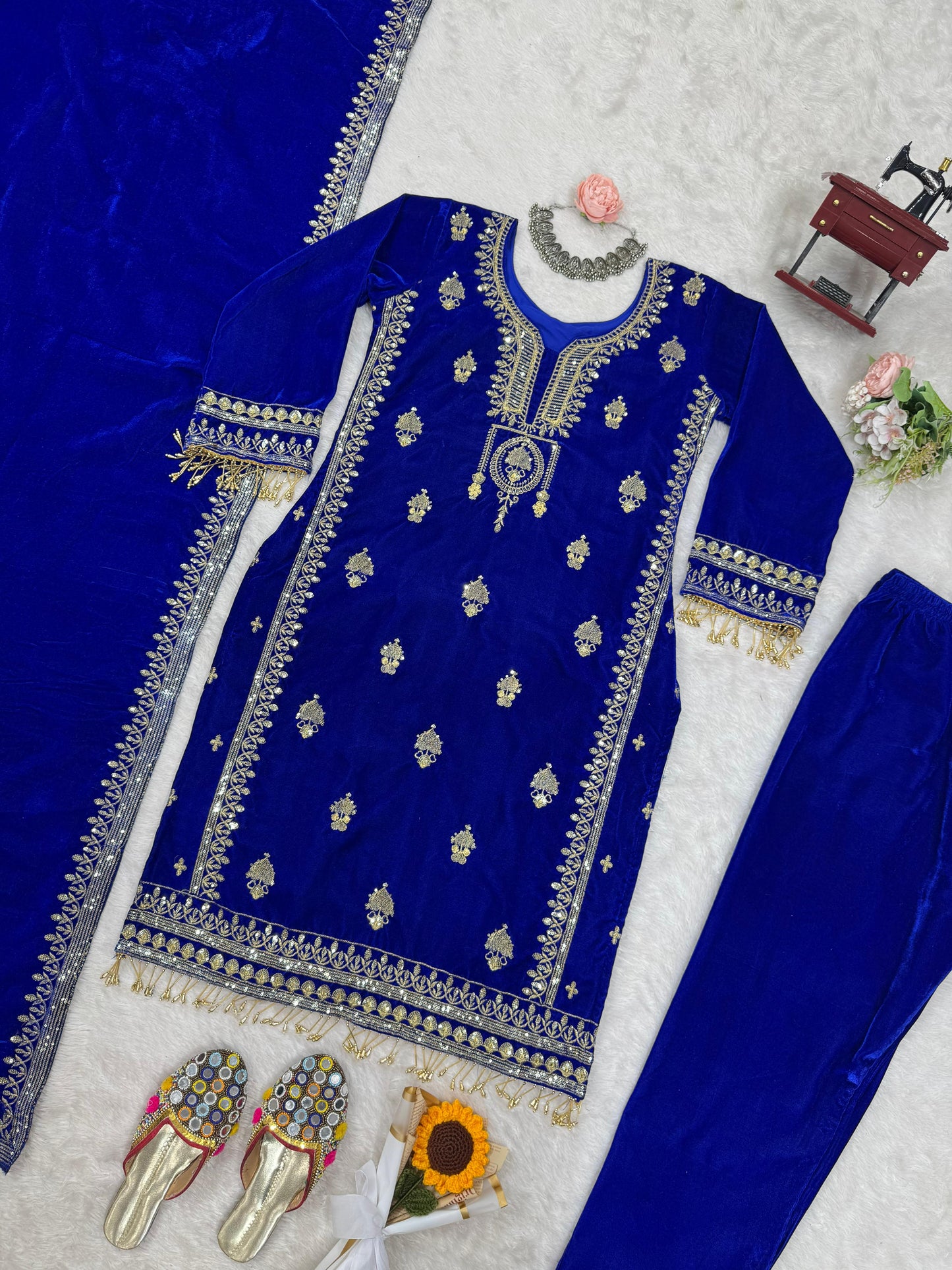Blue Color Velvet Machin Work Ready to Wear Suit For Women