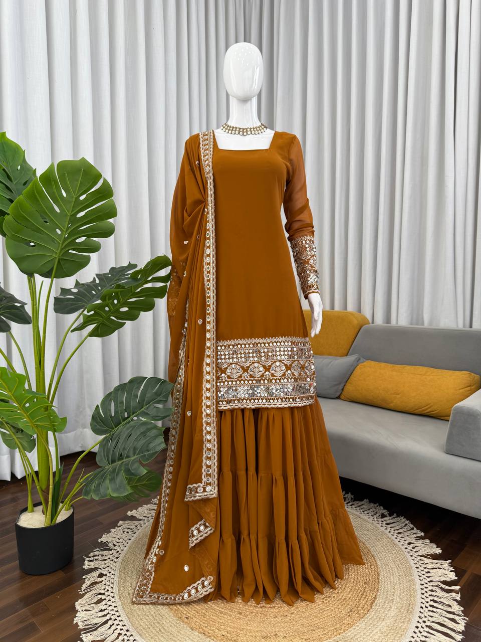 Rust Brown Colour Occasion Wear Sharara Suit