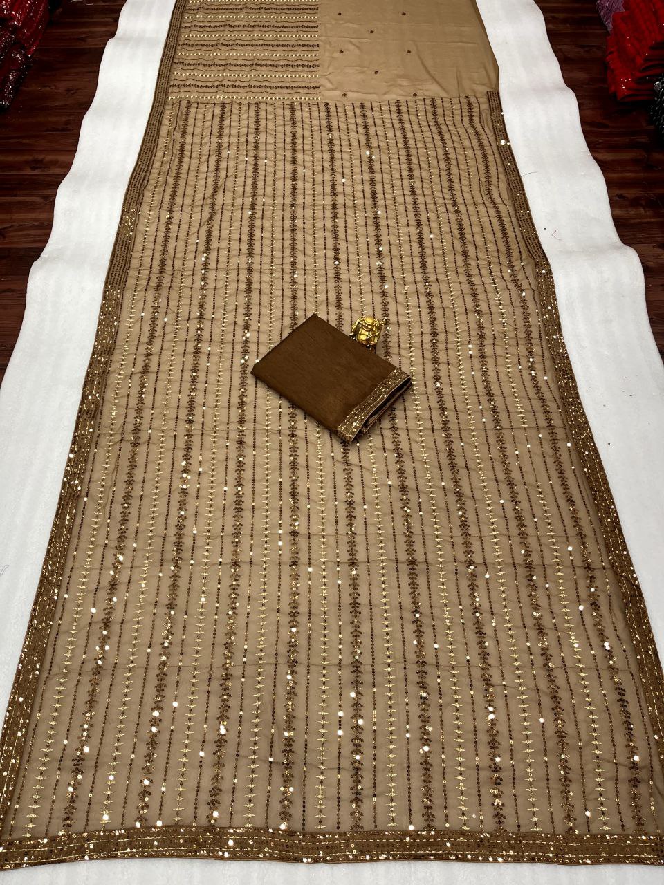 Exceptional Rust Color Georgette Sequence Work Wedding Wear Saree Blouse