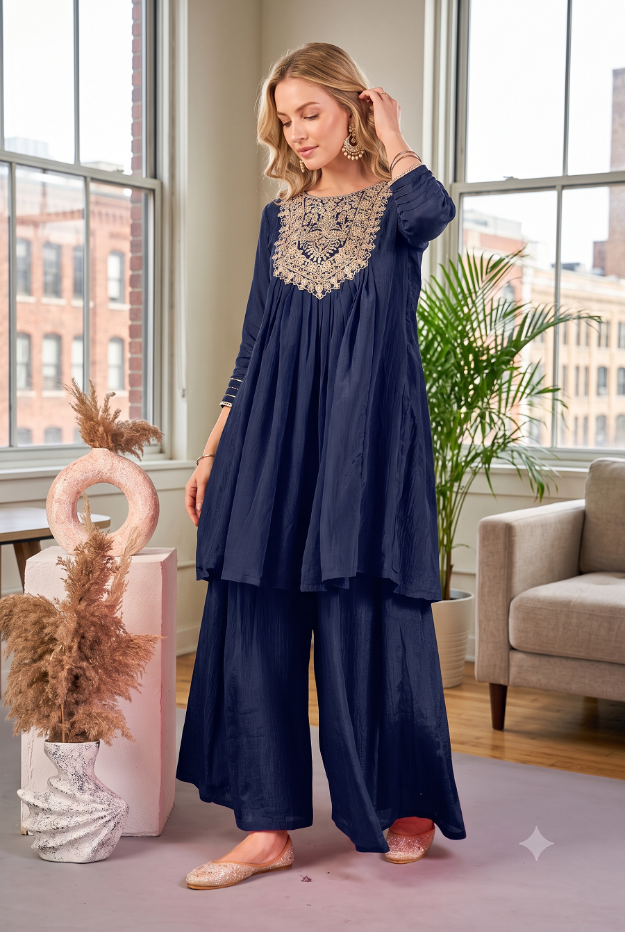 Women Embroidered Round Neck Pleated Kurti with Flared Palazzo Set