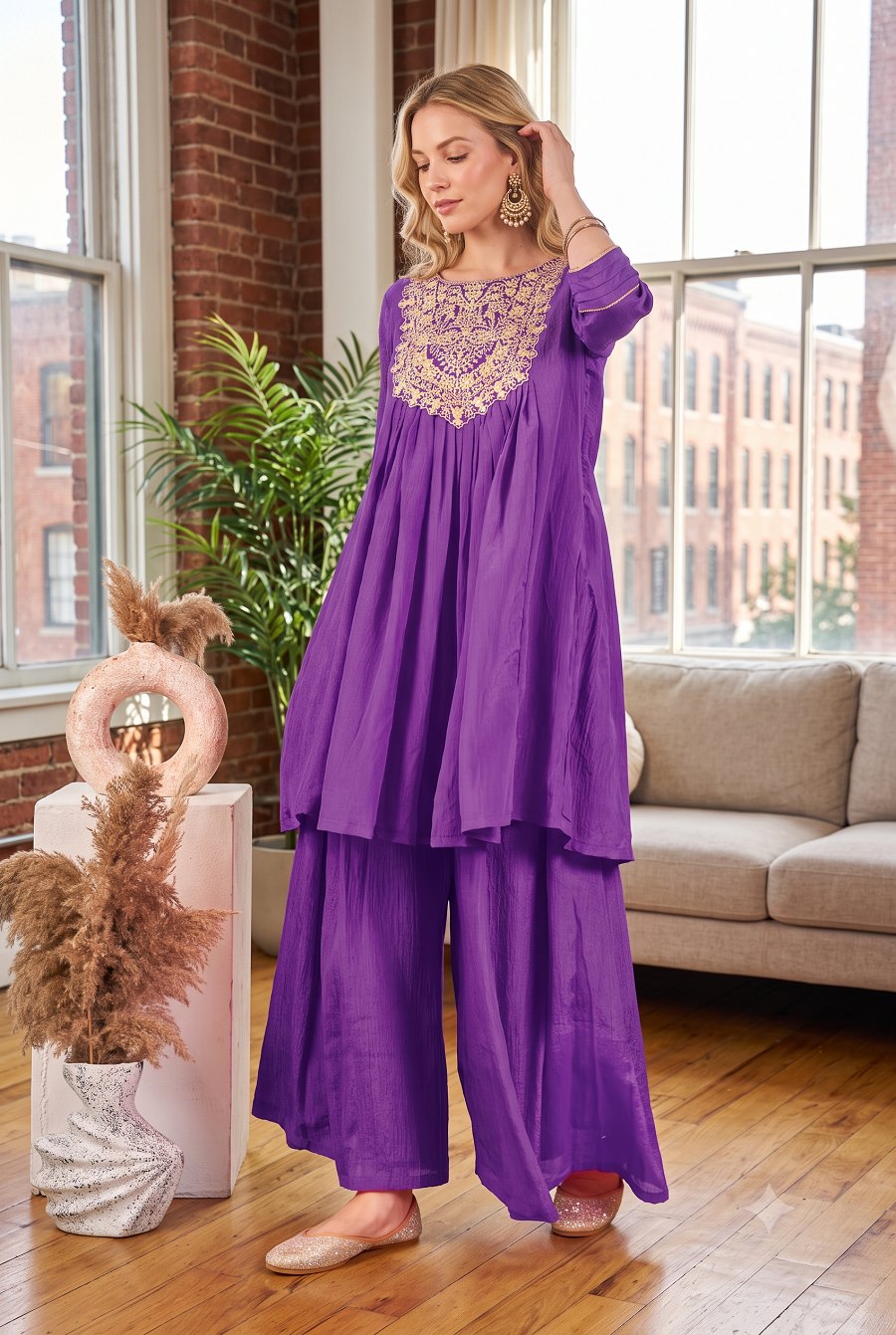 Women Embroidered Round Neck Pleated Kurti with Flared Palazzo Set