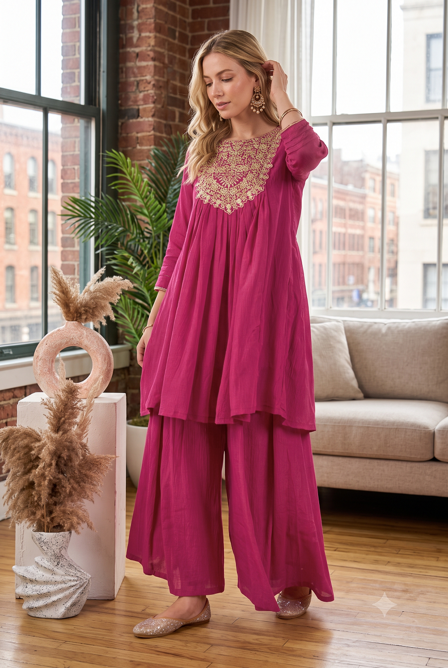 Women Embroidered Round Neck Pleated Kurti with Flared Palazzo Set