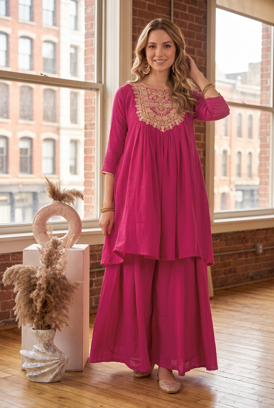 Women Embroidered Round Neck Pleated Kurti with Flared Palazzo Set