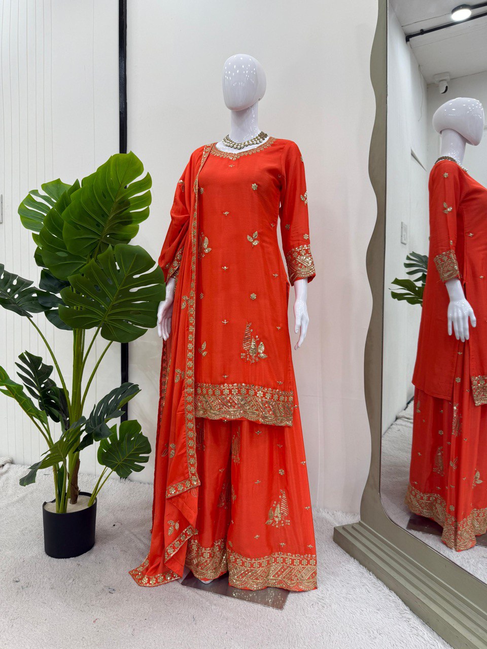 Graceful Plazo Suit in Chinon Silk with Thread & Sequence Work