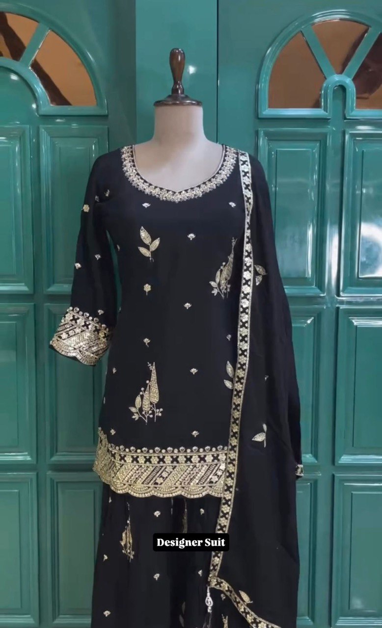 Graceful Plazo Suit in Chinon Silk with Thread & Sequence Work
