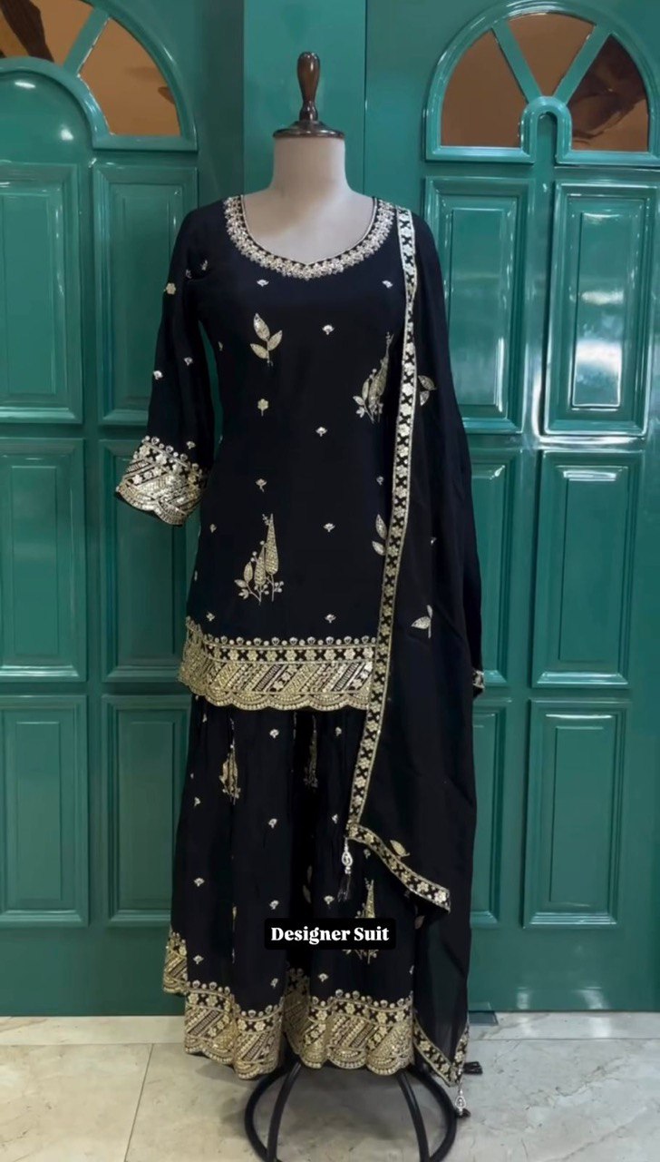Graceful Plazo Suit in Chinon Silk with Thread & Sequence Work
