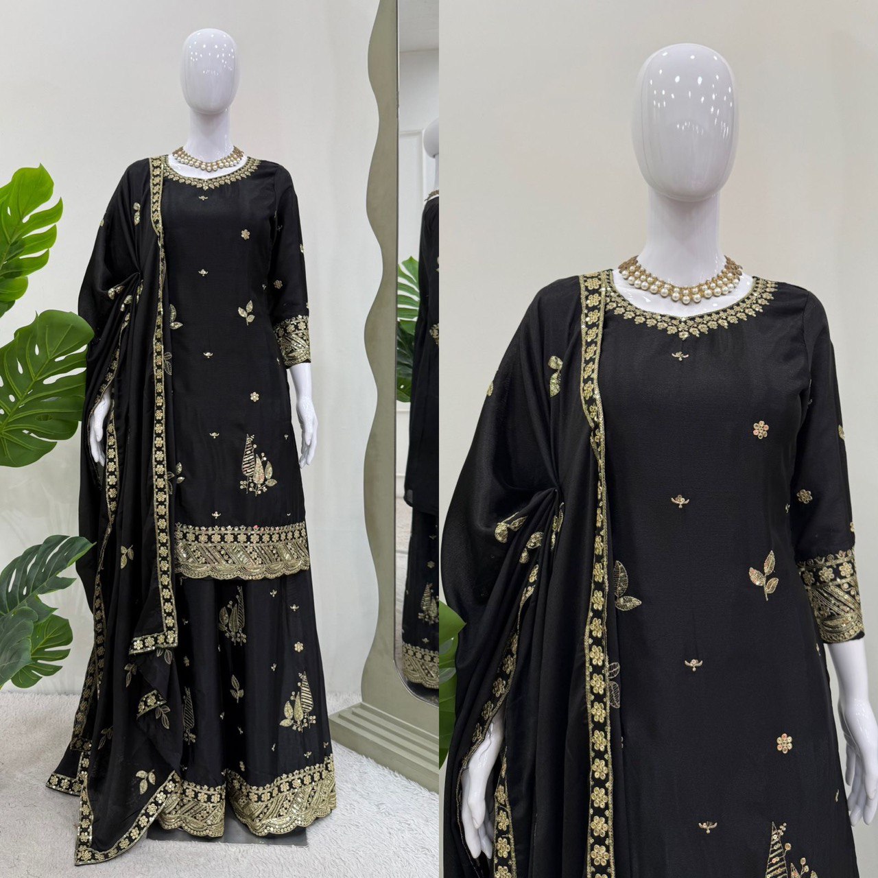 Graceful Plazo Suit in Chinon Silk with Thread & Sequence Work