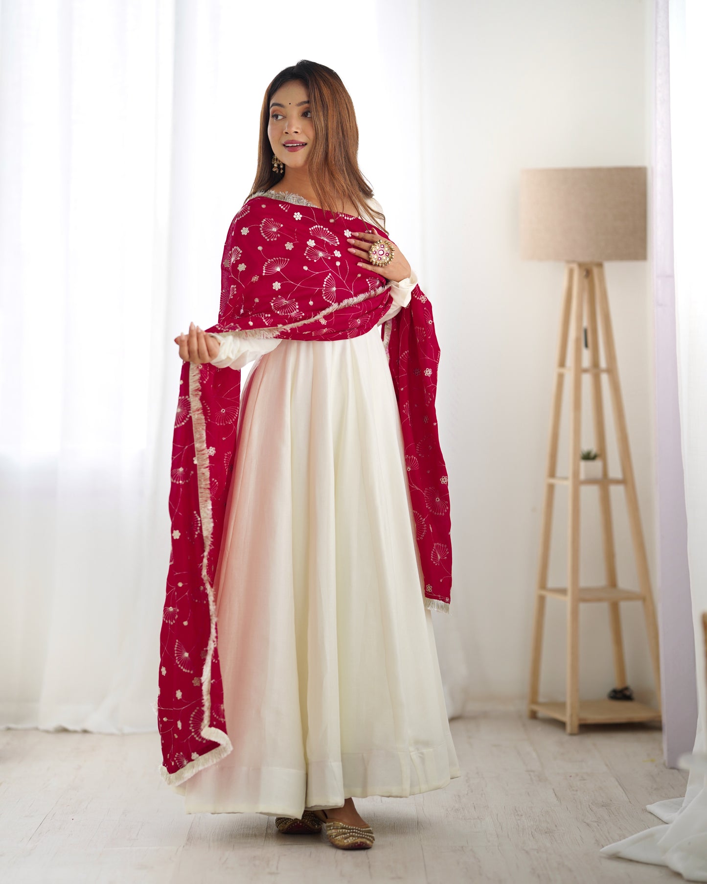 Rani Pink Silk Dupatta With Silk Full Stitched Gown