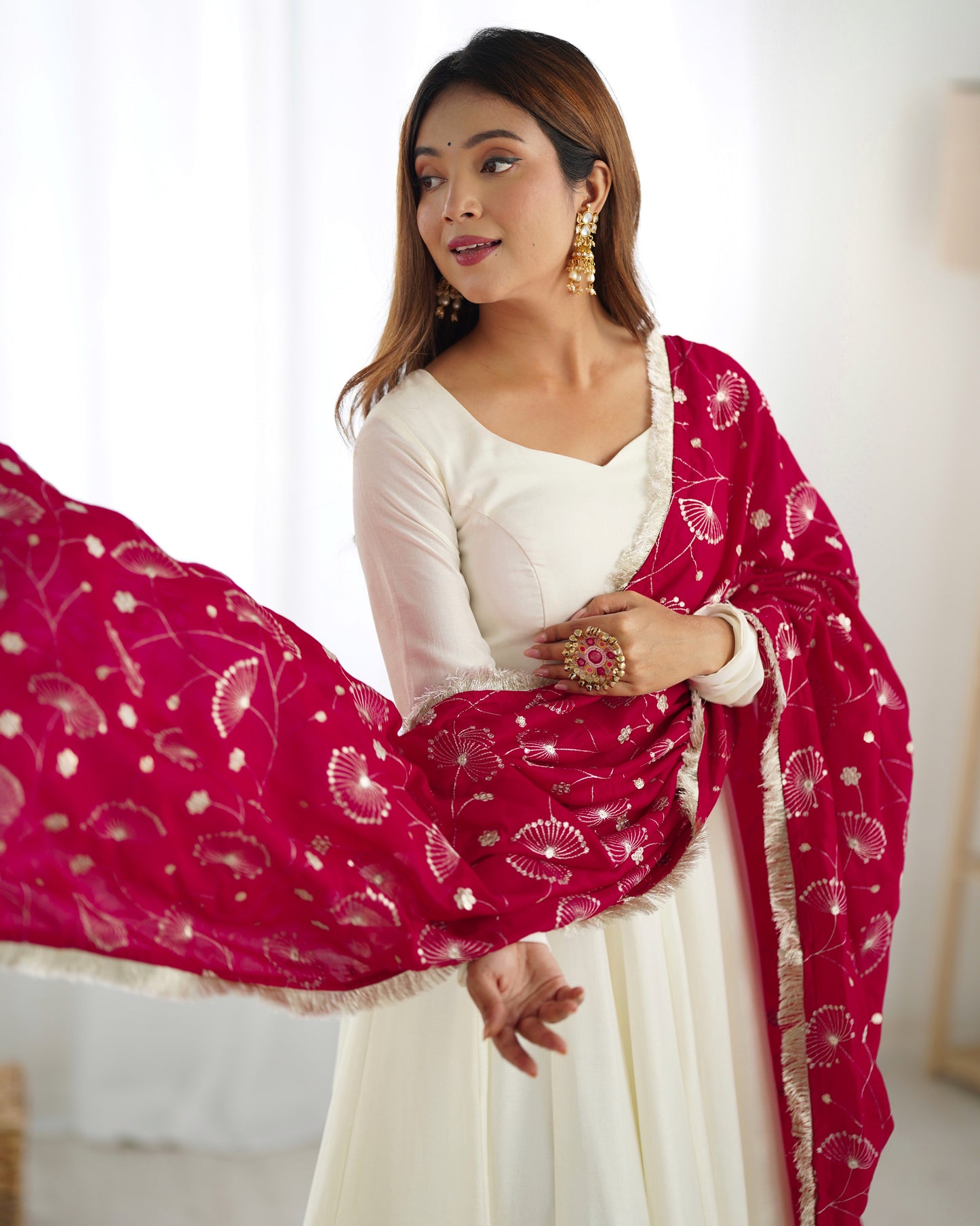 Rani Pink Silk Dupatta With Silk Full Stitched Gown
