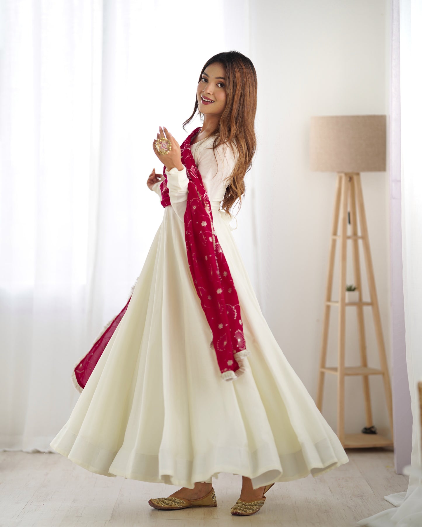 Rani Pink Silk Dupatta With Silk Full Stitched Gown