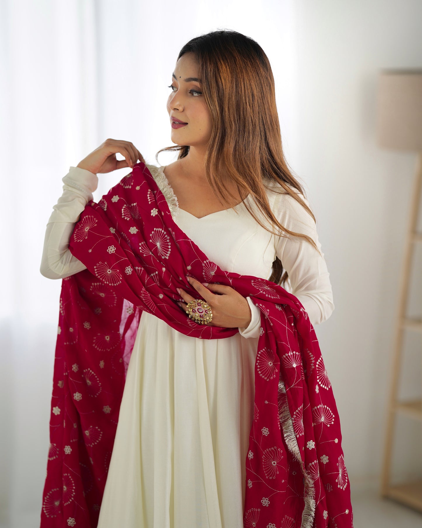 Rani Pink Silk Dupatta With Silk Full Stitched Gown