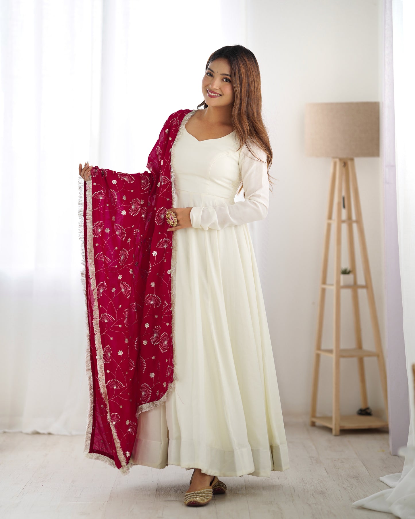 Rani Pink Silk Dupatta With Silk Full Stitched Gown