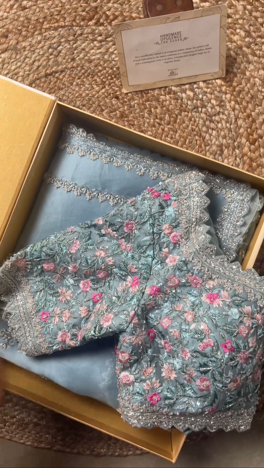 Pastel Blue Tubby Silk with Thread Floral Blouse and Sequins Lace Border Saree