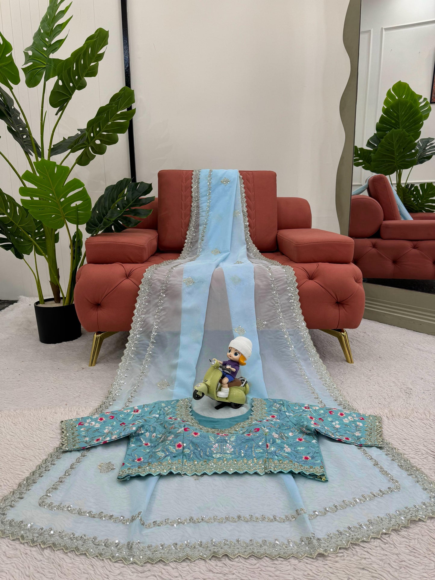 Pastel Blue Tubby Silk with Thread Floral Blouse and Sequins Lace Border Saree