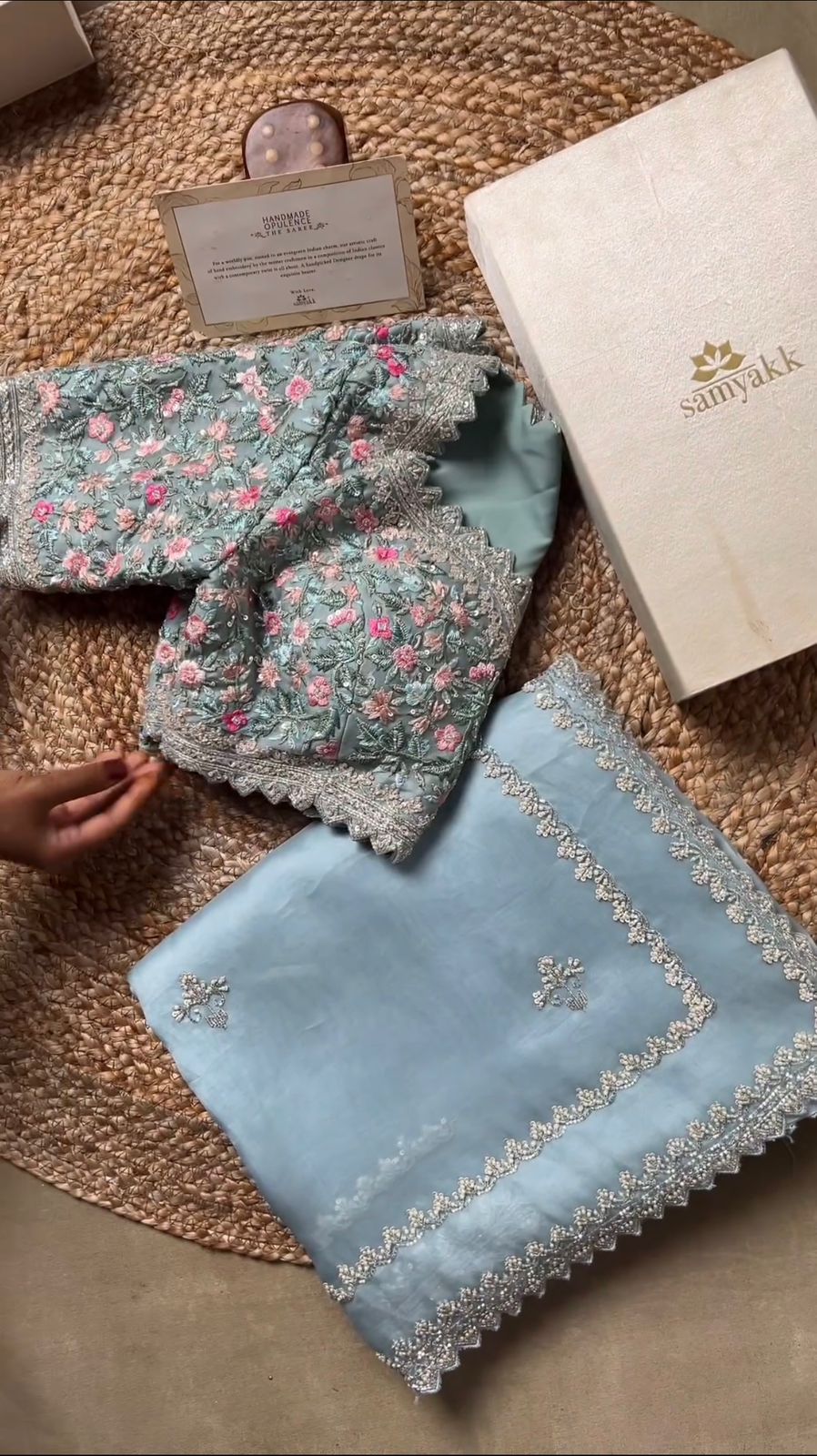 Pastel Blue Tubby Silk with Thread Floral Blouse and Sequins Lace Border Saree