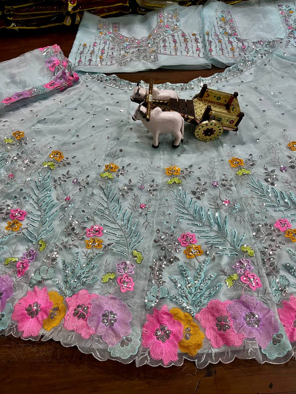 Sky Color Floral Work Organza Silk Lehenga Choli