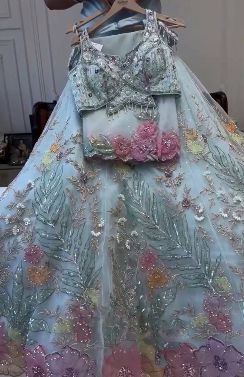 Sky Color Floral Work Organza Silk Lehenga Choli