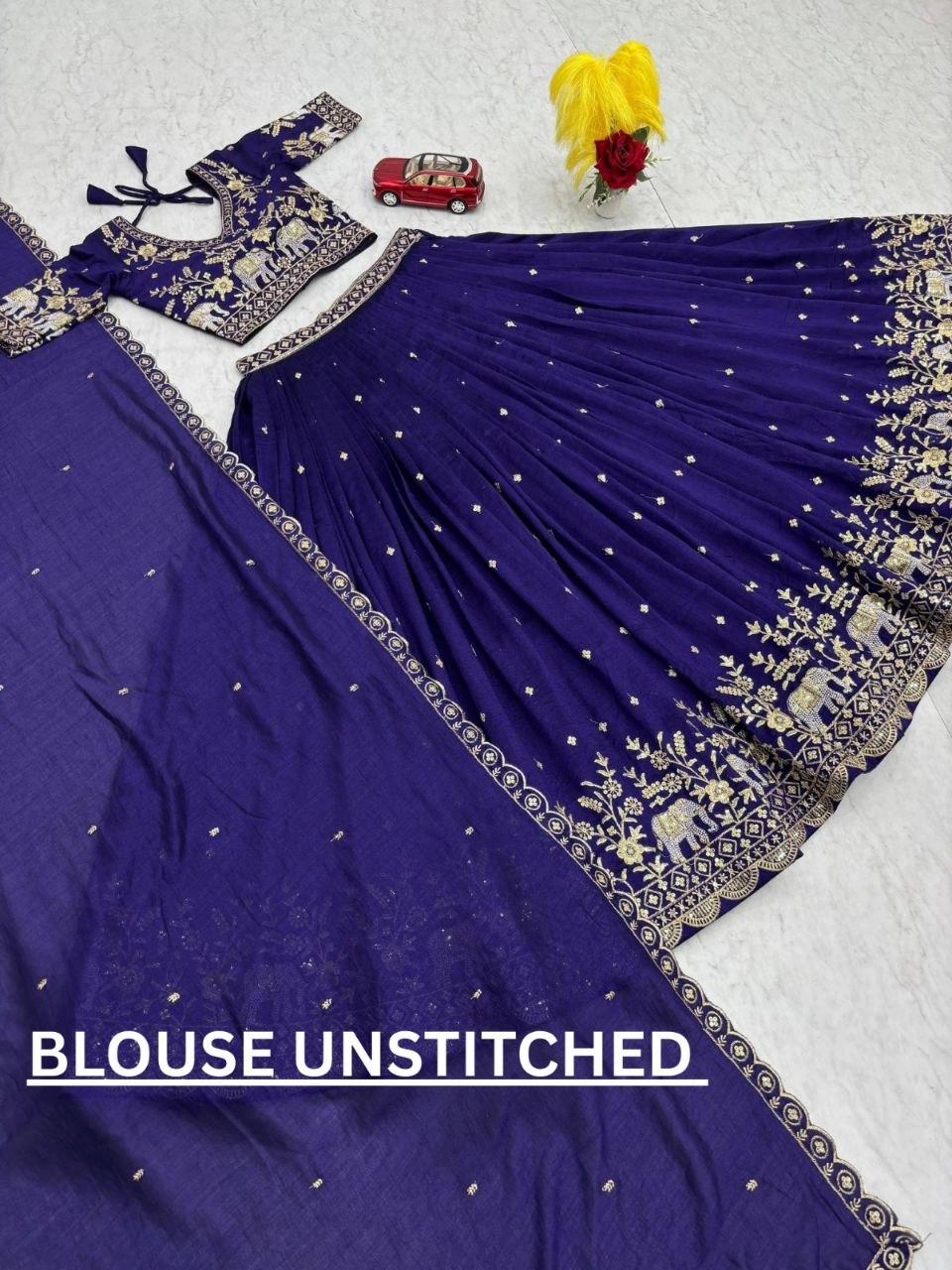 Traditional Elephant Motif Embroidered Lehenga Choli Set with Cutwork Dupatta
